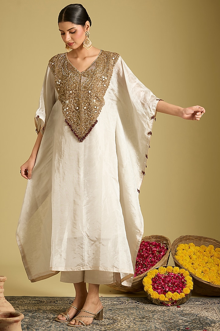 Silver Katan Silk Zardosi Work Kaftan Set by Sahreen at Pernia's Pop Up Shop