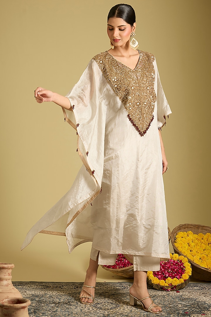 Silver Katan Silk Zardosi Work Kaftan Set by Sahreen at Pernia's Pop Up Shop