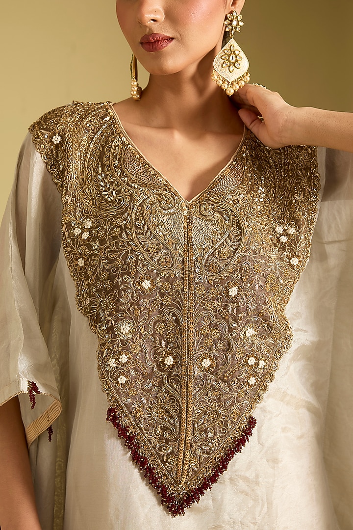 Silver Katan Silk Zardosi Work Kaftan Set by Sahreen at Pernia's Pop Up Shop