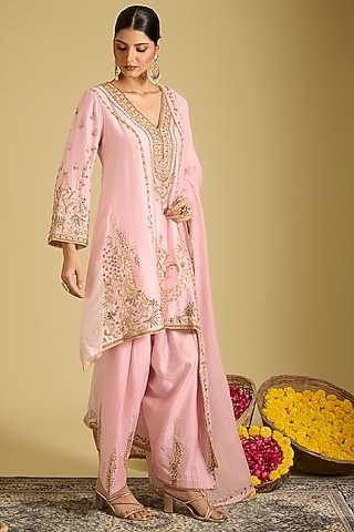 Pink Chanderi Silk Dabka & Sequins Work Kurta Set by Sahreen