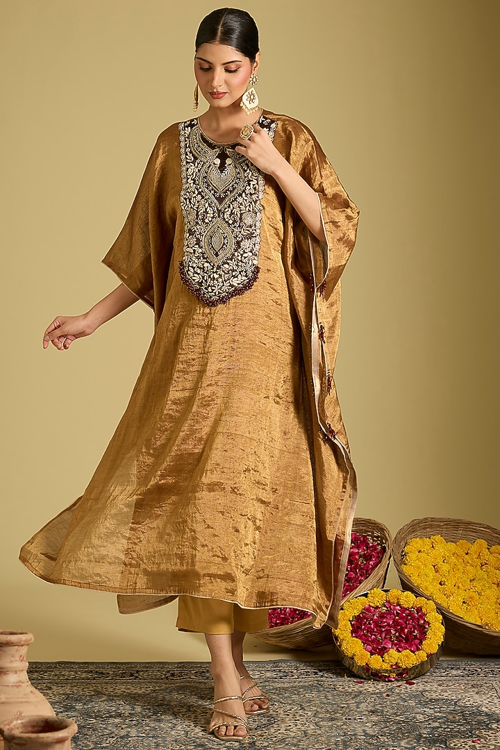 Gold Zari Tissue Zardosi Work Kaftan Set by Sahreen at Pernia's Pop Up Shop