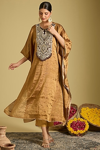 Gold Zari Tissue Zardosi Work Kaftan Set by Sahreen