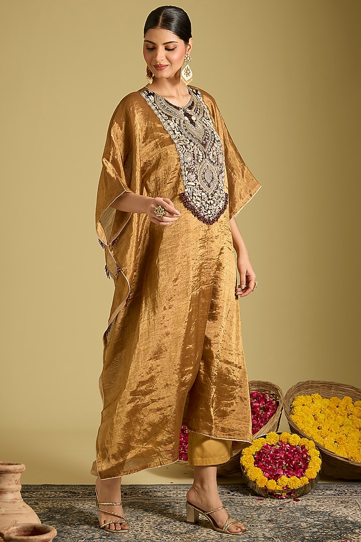 Gold Zari Tissue Zardosi Work Kaftan Set by Sahreen at Pernia's Pop Up Shop
