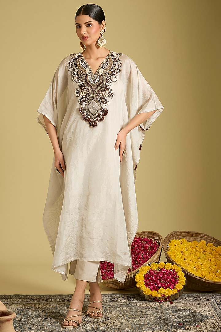 Silver Katan Silk Tissue Zardosi Work Kaftan Set by Sahreen at Pernia's Pop Up Shop