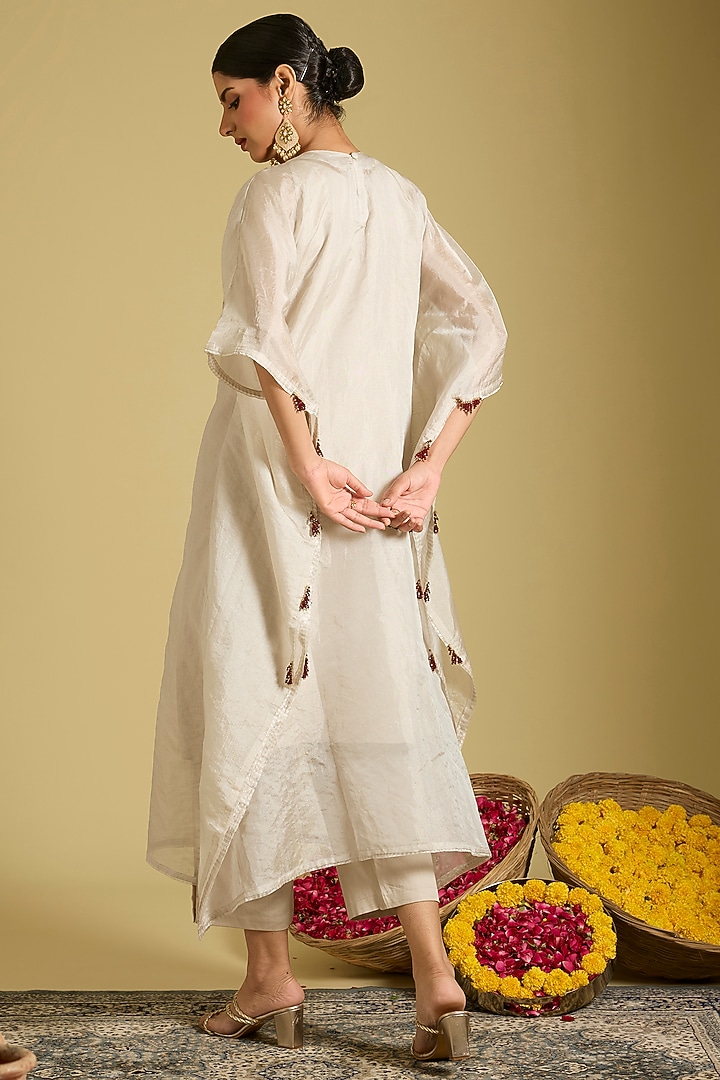 Silver Katan Silk Tissue Zardosi Work Kaftan Set by Sahreen at Pernia's Pop Up Shop
