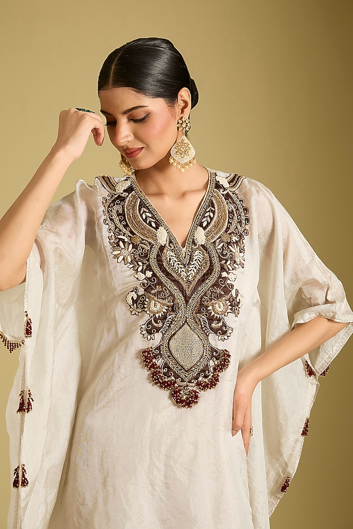 Silver Katan Silk Tissue Zardosi Work Kaftan Set by Sahreen at Pernia's Pop Up Shop