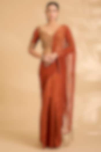 Burnt Orange Pure Silk Zardosi Work Pre-Draped Wedding Saree Set by Sahreen at Pernia's Pop Up Shop