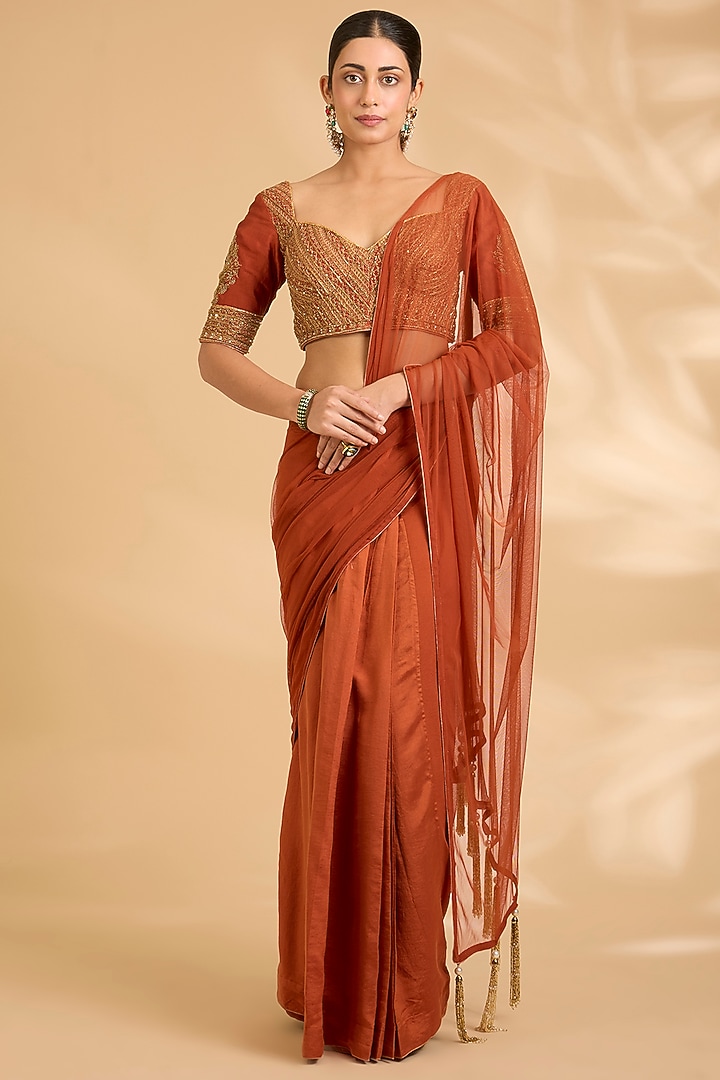 Burnt Orange Pure Silk Zardosi Work Pre-Draped Wedding Saree Set by Sahreen at Pernia's Pop Up Shop