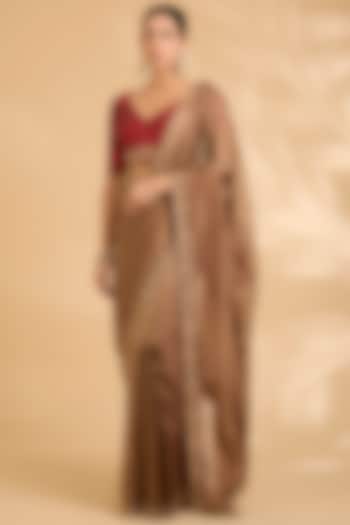 Antique Gold Katan Tissue Zardosi Work Pre-Draped Reception Saree Set by Sahreen at Pernia's Pop Up Shop