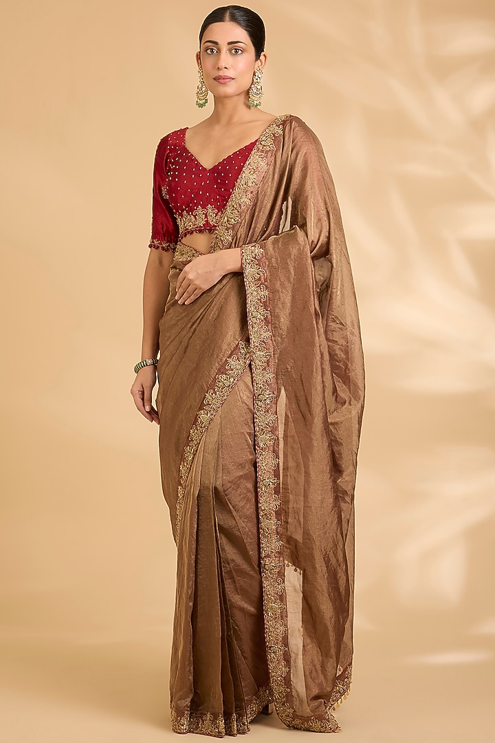Antique Gold Katan Tissue Zardosi Work Pre-Draped Reception Saree Set by Sahreen at Pernia's Pop Up Shop