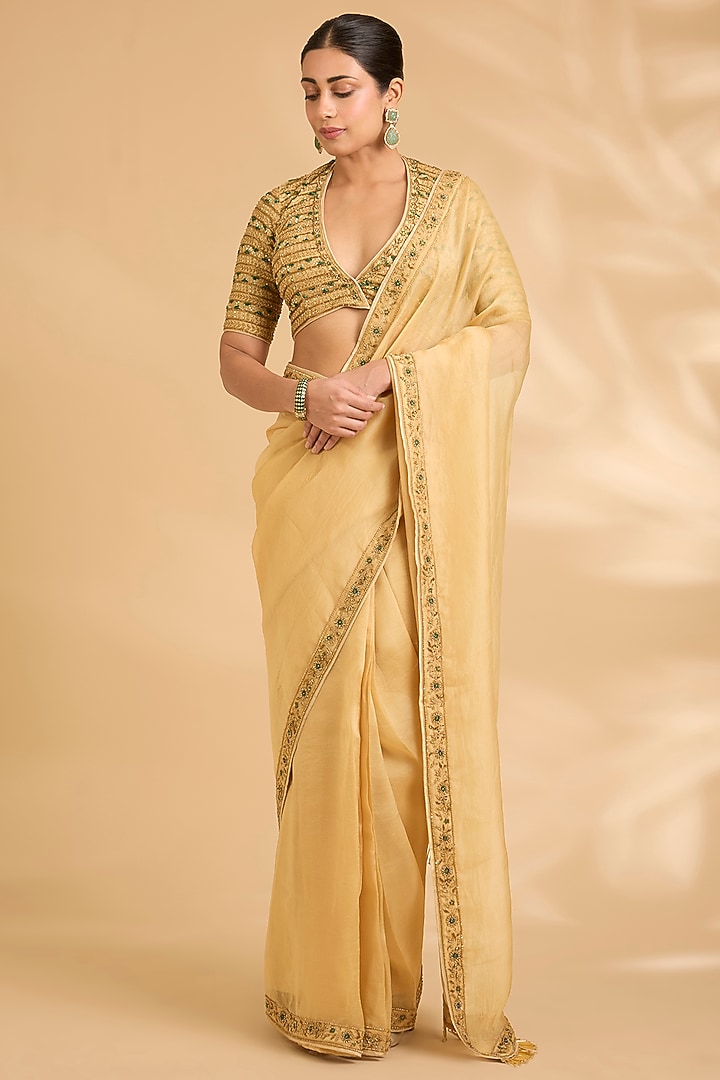 Yellow Organza Silk Zardosi Work Pre-Draped Wedding Saree Set by Sahreen at Pernia's Pop Up Shop