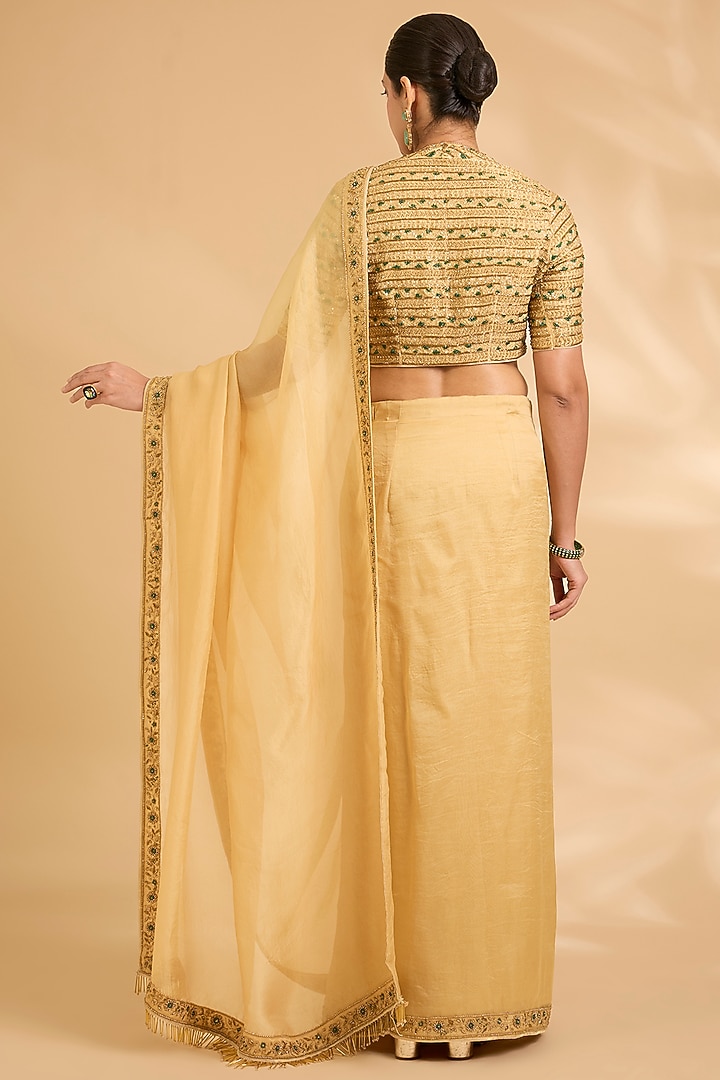 Yellow Organza Silk Zardosi Work Pre-Draped Wedding Saree Set by Sahreen at Pernia's Pop Up Shop