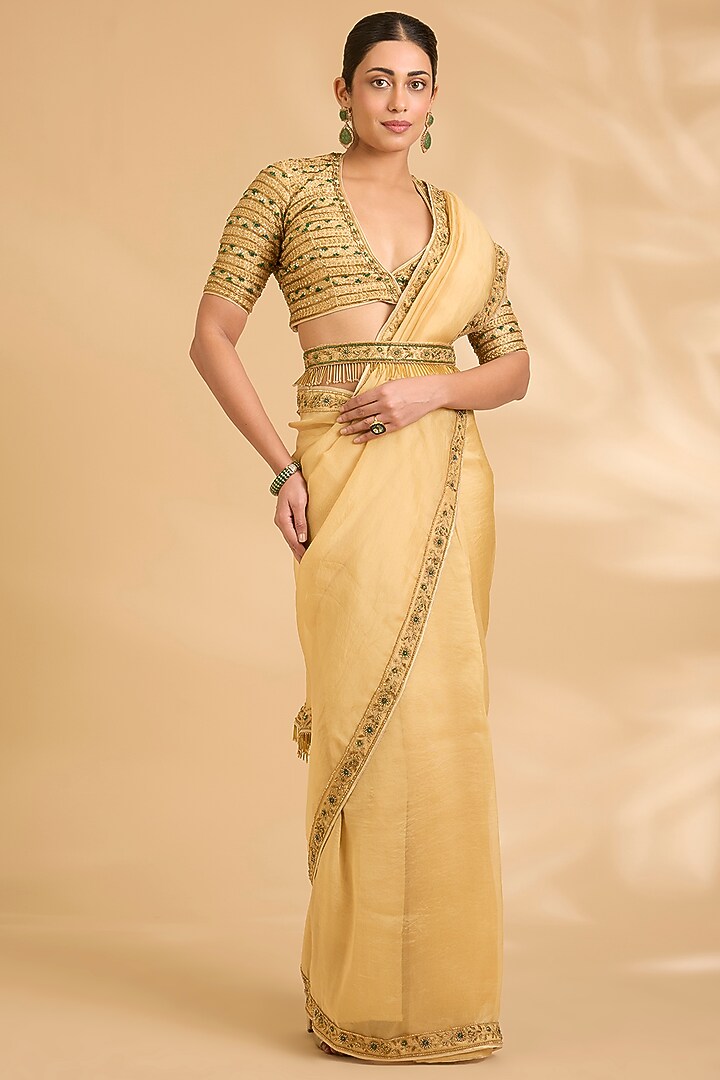Yellow Organza Silk Zardosi Work Pre-Draped Wedding Saree Set by Sahreen at Pernia's Pop Up Shop
