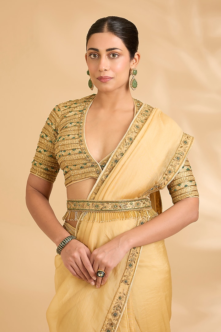 Yellow Organza Silk Zardosi Work Pre-Draped Wedding Saree Set by Sahreen at Pernia's Pop Up Shop