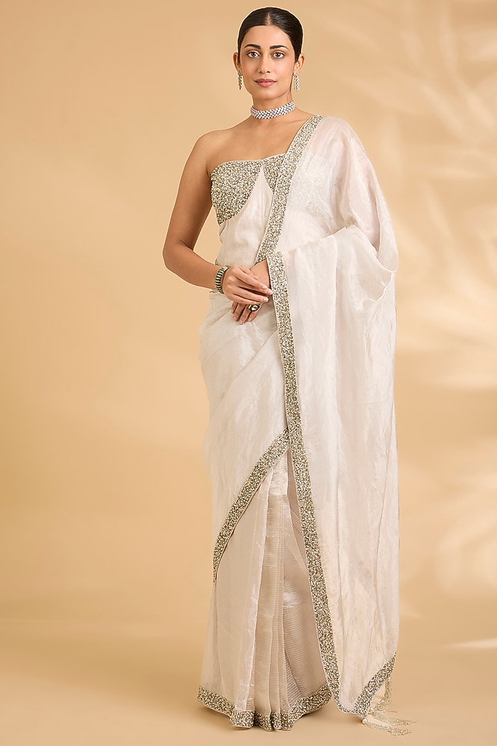 Ivory Silver Katan Tissue Zardosi Work Pre-Draped Wedding Saree Set by Sahreen at Pernia's Pop Up Shop