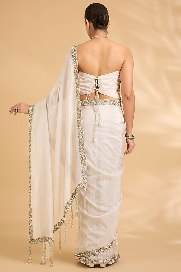 Ivory Silver Katan Tissue Zardosi Work Pre-Draped Wedding Saree Set by Sahreen at Pernia's Pop Up Shop