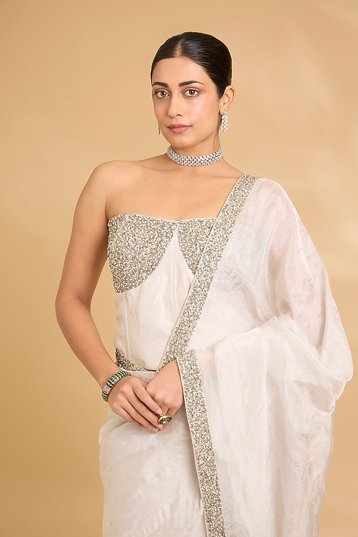 Ivory Silver Katan Tissue Zardosi Work Pre-Draped Wedding Saree Set by Sahreen at Pernia's Pop Up Shop