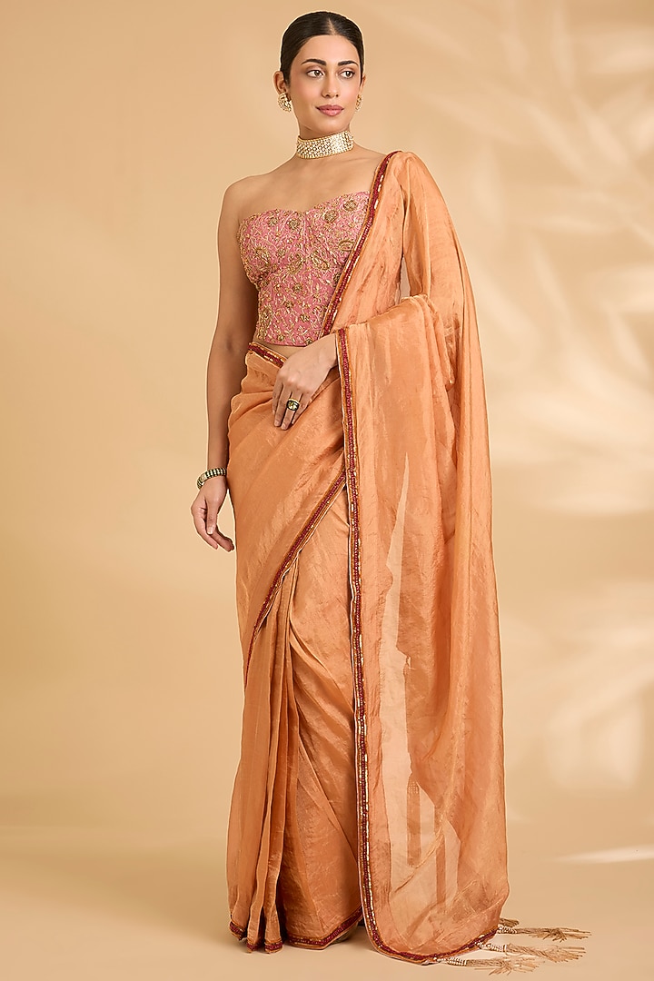 Orange Katan Tissue Zardosi Work Reception Saree Set by Sahreen at Pernia's Pop Up Shop