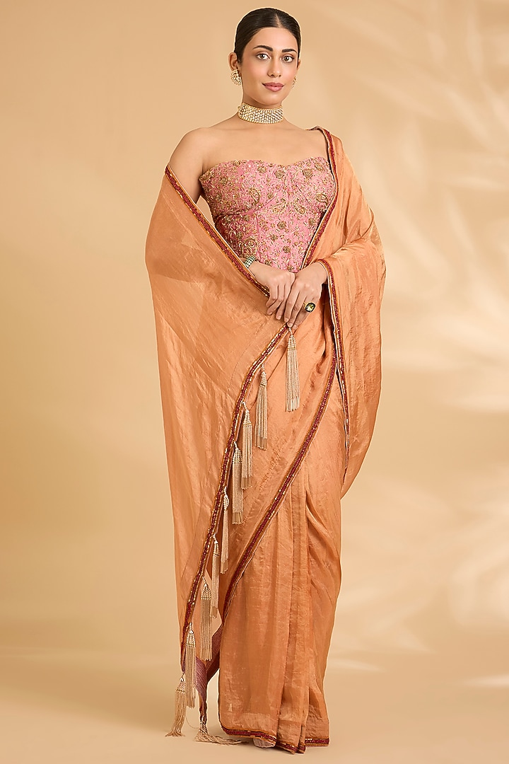 Orange Katan Tissue Zardosi Work Reception Saree Set by Sahreen at Pernia's Pop Up Shop