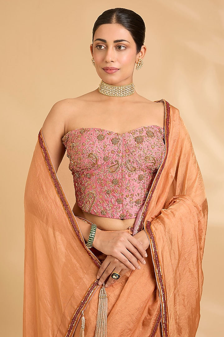 Orange Katan Tissue Zardosi Work Reception Saree Set by Sahreen at Pernia's Pop Up Shop