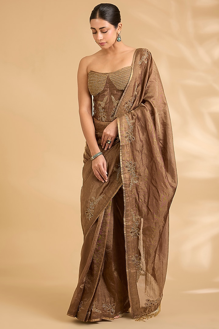 Antique Gold Katan Tissue Zardosi Work Reception Saree Set by Sahreen at Pernia's Pop Up Shop