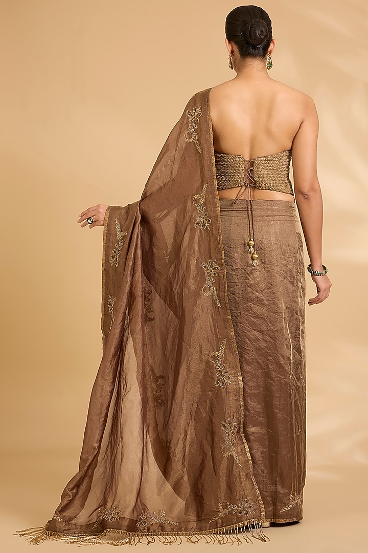 Antique Gold Katan Tissue Zardosi Work Reception Saree Set by Sahreen at Pernia's Pop Up Shop