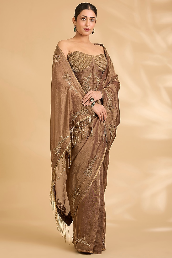 Antique Gold Katan Tissue Zardosi Work Reception Saree Set by Sahreen at Pernia's Pop Up Shop