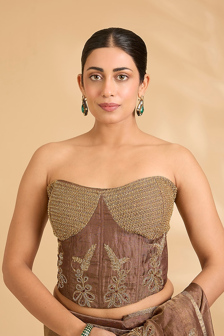 Antique Gold Katan Tissue Zardosi Work Reception Saree Set by Sahreen at Pernia's Pop Up Shop