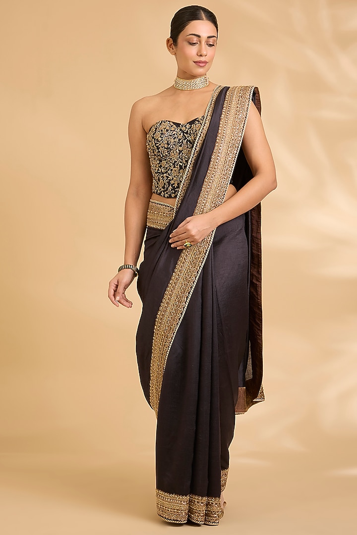 Black Pure Silk Zardosi Work Reception Saree Set by Sahreen at Pernia's Pop Up Shop