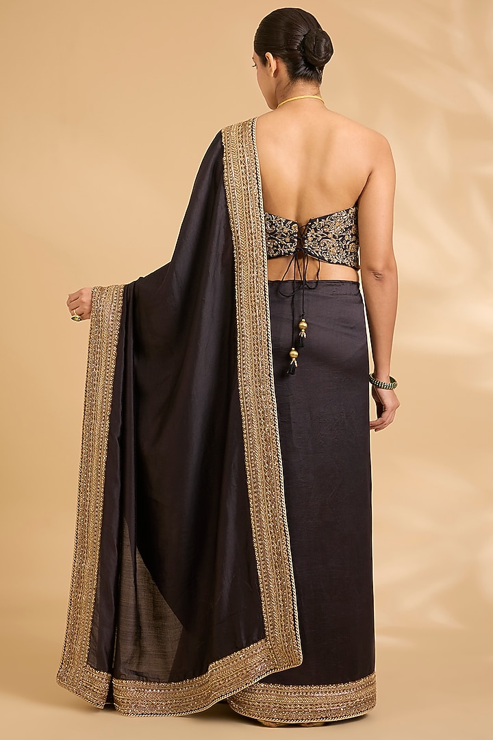 Black Pure Silk Zardosi Work Reception Saree Set by Sahreen at Pernia's Pop Up Shop