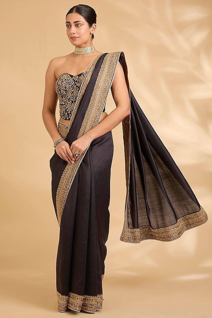 Black Pure Silk Zardosi Work Reception Saree Set by Sahreen at Pernia's Pop Up Shop