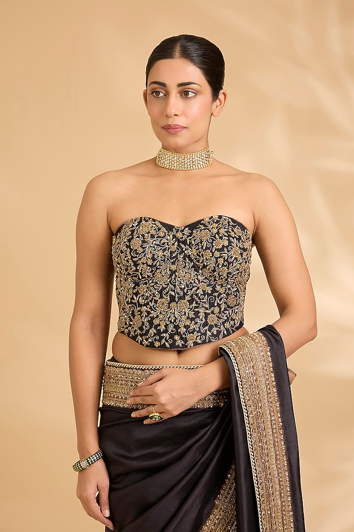 Black Pure Silk Zardosi Work Reception Saree Set by Sahreen at Pernia's Pop Up Shop