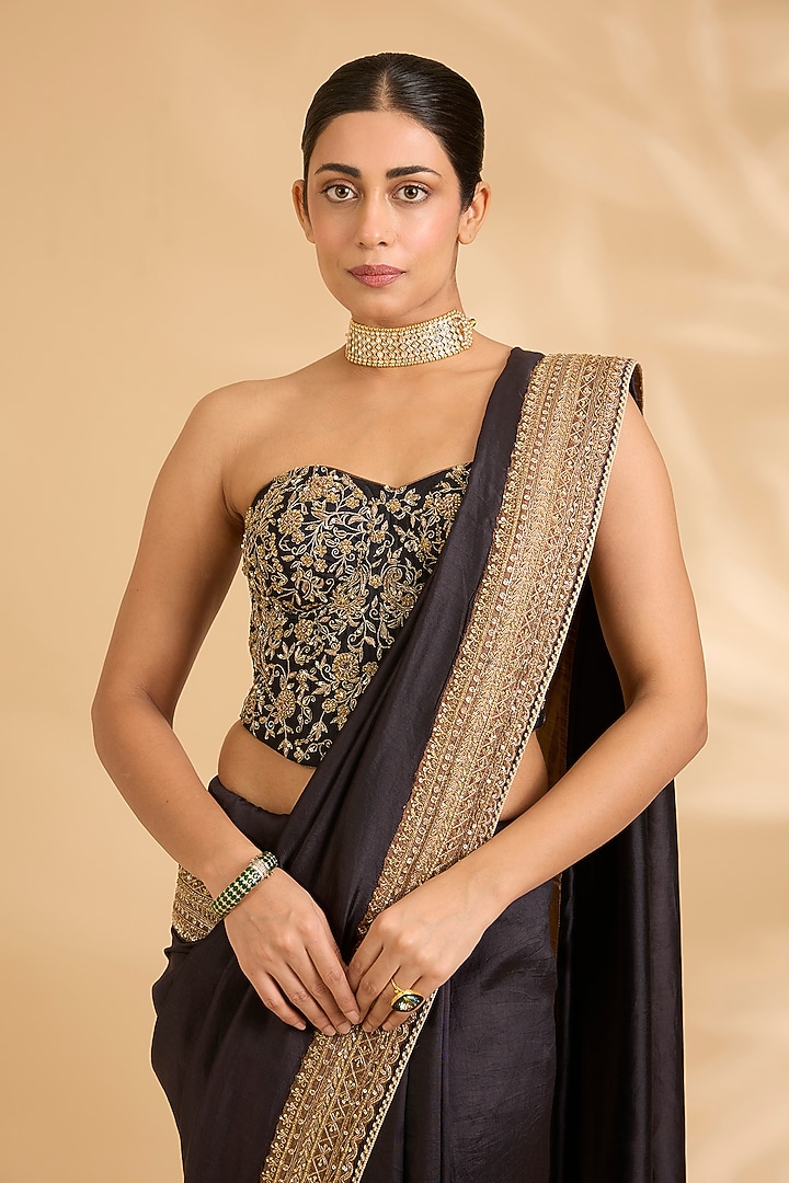 Black Pure Silk Zardosi Work Reception Saree Set by Sahreen at Pernia's Pop Up Shop