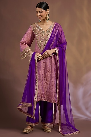 Pink Katan Tissue Sequins Embroidered Kurta Set by Sahreen
