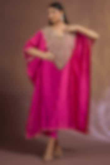 Pink Kora Dupion Sequins Embroidered Kaftan Set by Sahreen at Pernia's Pop Up Shop