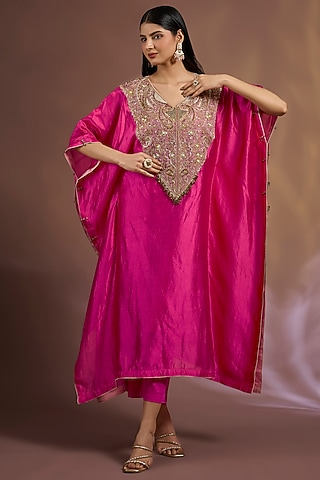 Pink Kora Dupion Sequins Embroidered Kaftan Set by Sahreen