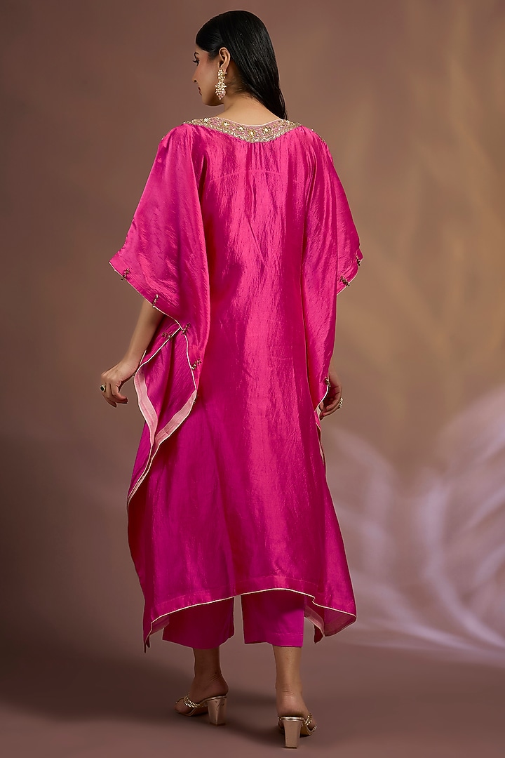 Pink Kora Dupion Sequins Embroidered Kaftan Set by Sahreen at Pernia's Pop Up Shop