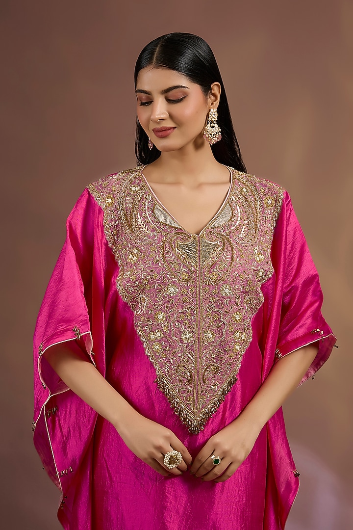 Pink Kora Dupion Sequins Embroidered Kaftan Set by Sahreen at Pernia's Pop Up Shop