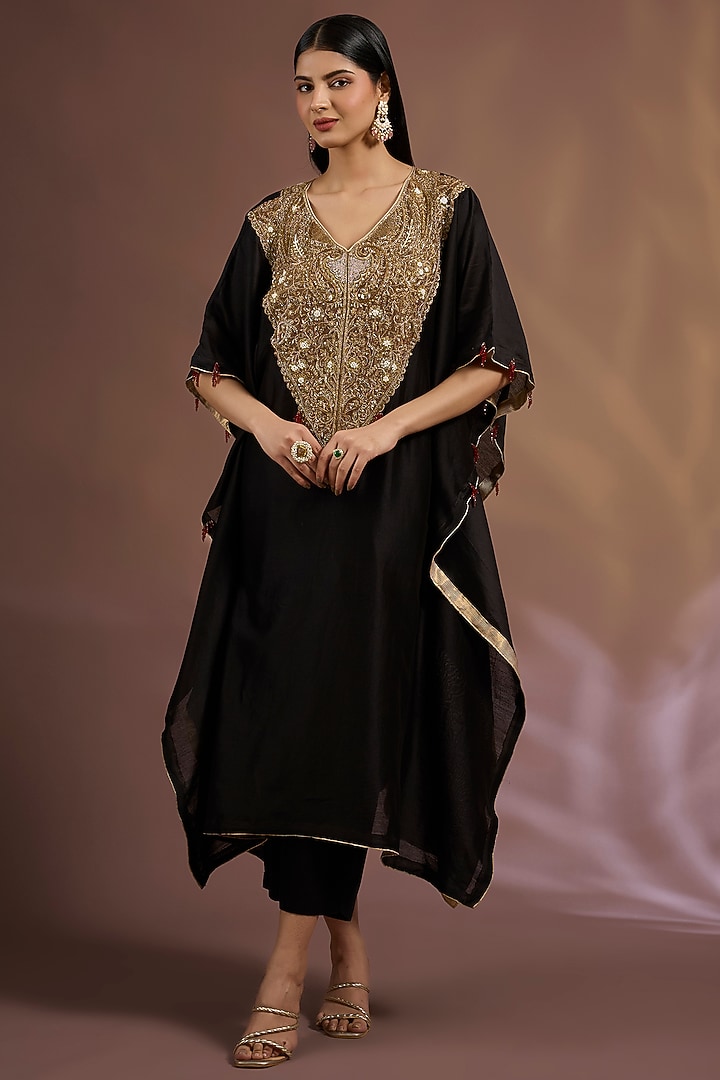 Black Chiniya Silk Sequins Embroidered Kaftan Set by Sahreen at Pernia's Pop Up Shop