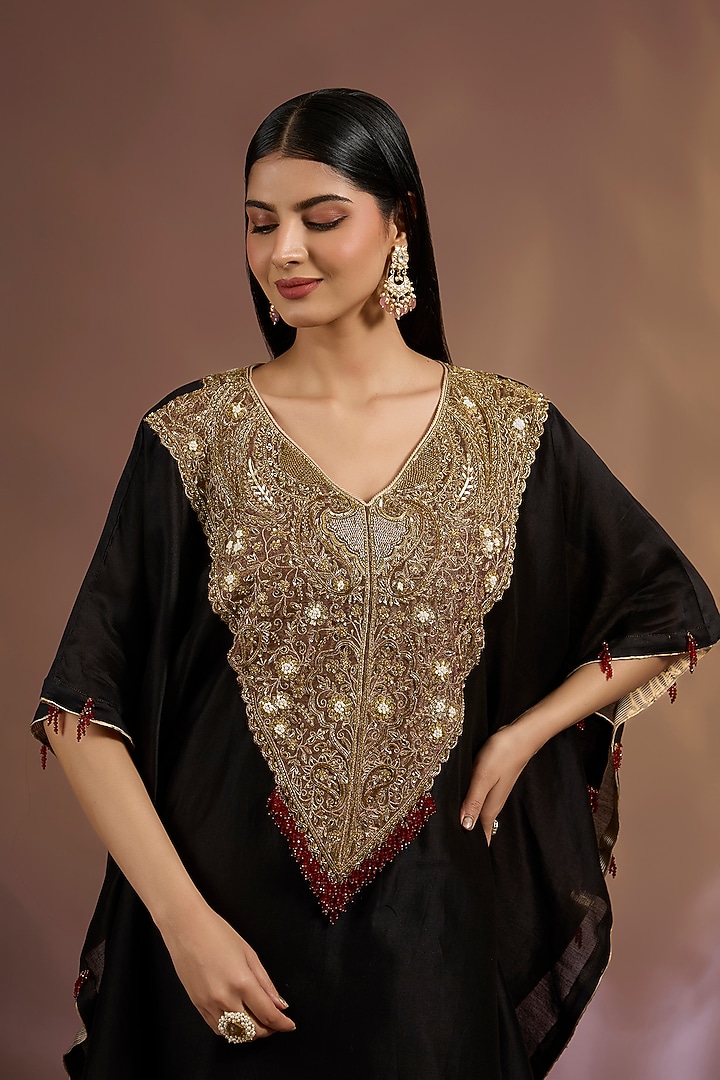 Black Chiniya Silk Sequins Embroidered Kaftan Set by Sahreen at Pernia's Pop Up Shop