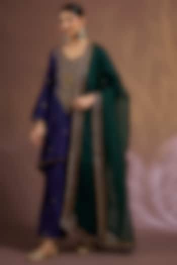 Blue Chiniya Silk Sequins Embroidered A-Line Kurta Set by Sahreen at Pernia's Pop Up Shop