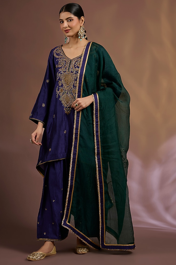 Blue Chiniya Silk Sequins Embroidered A-Line Kurta Set by Sahreen at Pernia's Pop Up Shop