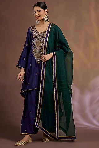 Blue Chiniya Silk Sequins Embroidered A-Line Kurta Set by Sahreen