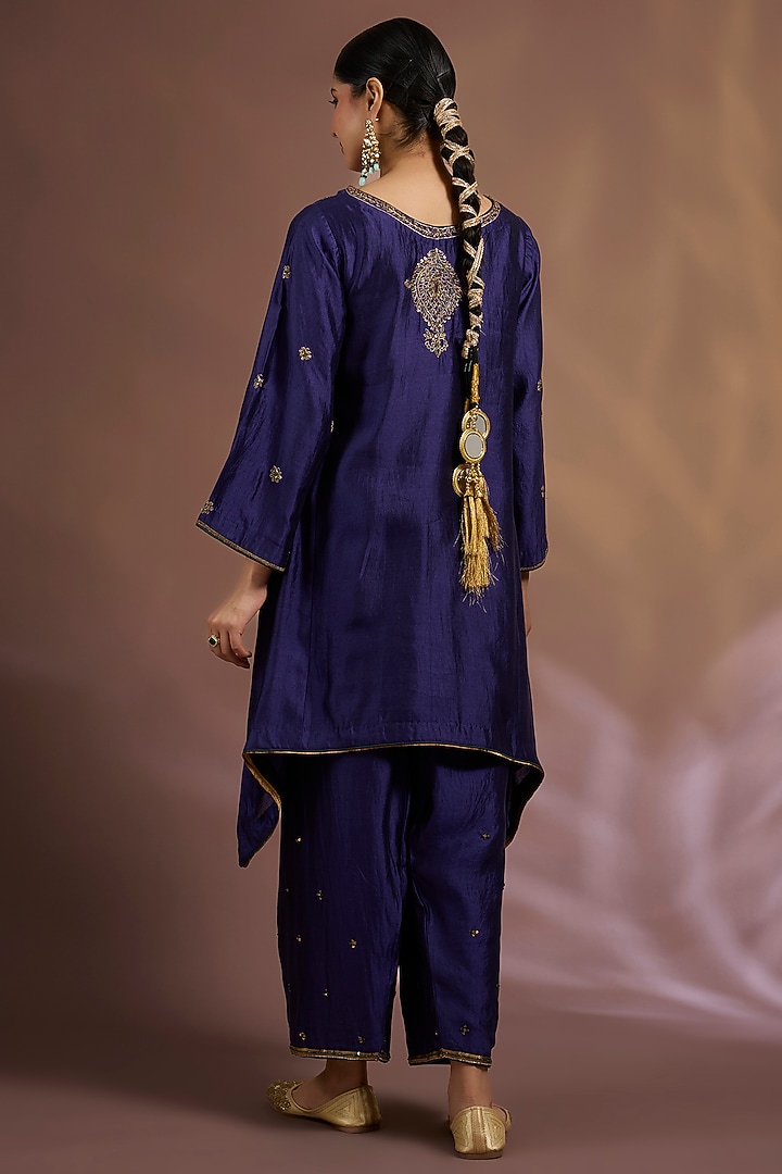 Blue Chiniya Silk Sequins Embroidered A-Line Kurta Set by Sahreen at Pernia's Pop Up Shop