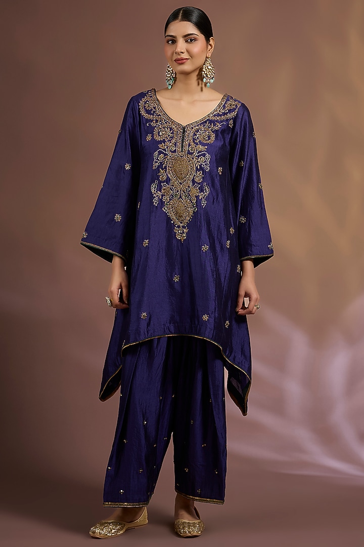 Blue Chiniya Silk Sequins Embroidered A-Line Kurta Set by Sahreen at Pernia's Pop Up Shop