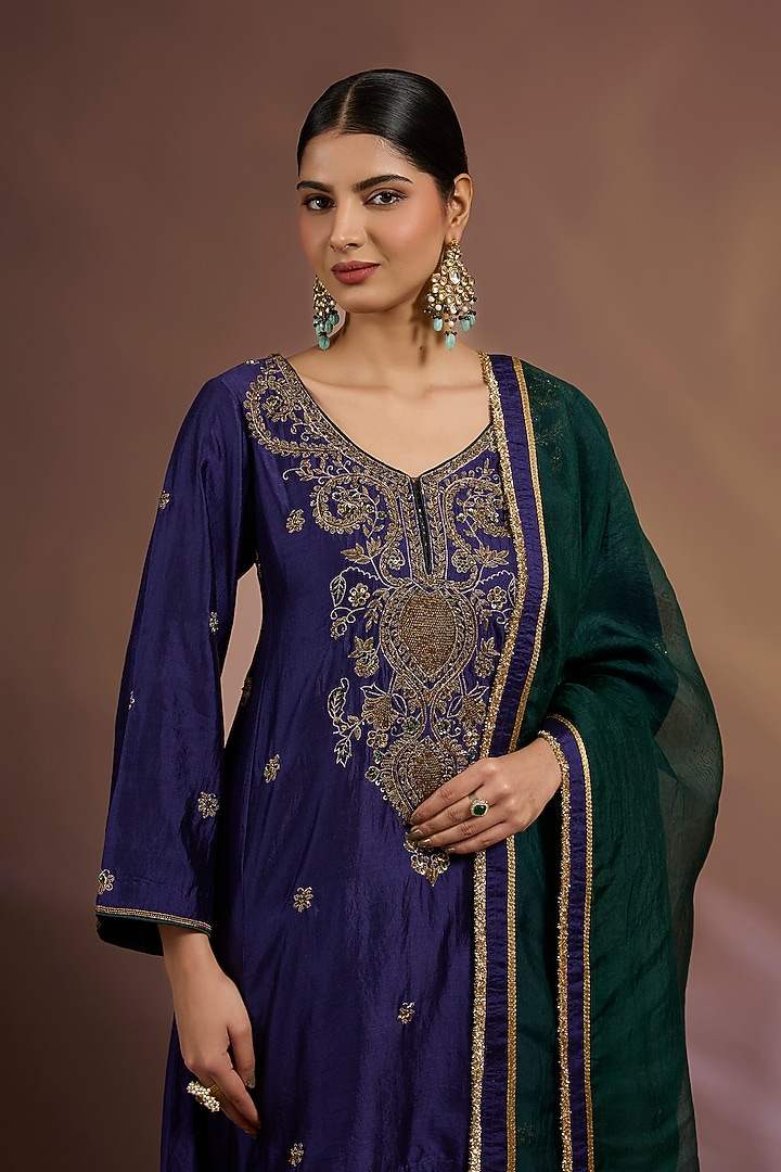 Blue Chiniya Silk Sequins Embroidered A-Line Kurta Set by Sahreen at Pernia's Pop Up Shop