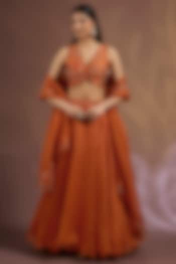 Orange Chiniya Silk Zardosi Embroidered Wedding Lehenga Set by Sahreen at Pernia's Pop Up Shop