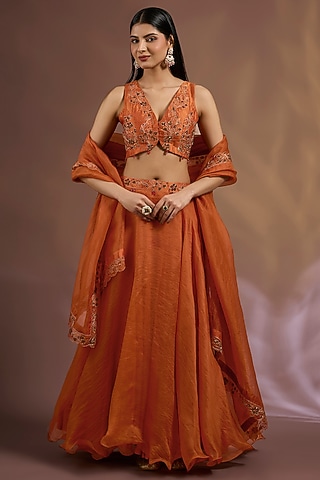 Orange Chiniya Silk Zardosi Embroidered Lehenga Set by Sahreen