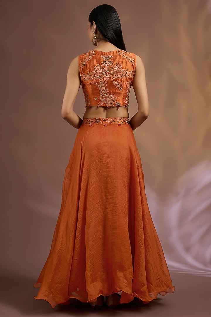 Orange Chiniya Silk Zardosi Embroidered Wedding Lehenga Set by Sahreen at Pernia's Pop Up Shop