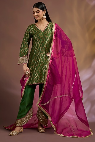 Green Banarasi Katan Silk Zardosi Embroidered Kurta Set by Sahreen